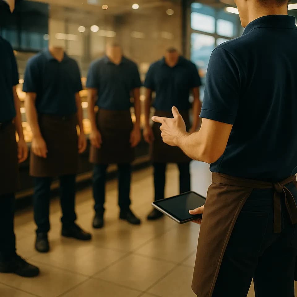 Equipe de supermercado em reunião curta de início de turno na área da padaria